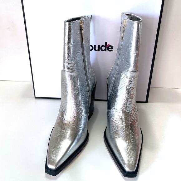 LARROUDE NWT James Crinkled Metallic Leather Boots in Silver Size 8.5 - Picture 3 of 14